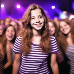 A high-quality photograph capturing a realistic 14-year-old girl, a famous singer, with shoulder-length brown hair highlighted by a purple stripe