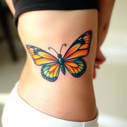 A vibrant butterfly tattoo with detailed outstretched wings, positioned elegantly on a girl's waist