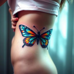 A vibrant butterfly tattoo with detailed outstretched wings, positioned elegantly on a girl's waist