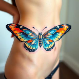 A vibrant butterfly tattoo with detailed outstretched wings, positioned elegantly on a girl's waist