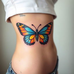 A vibrant butterfly tattoo with detailed outstretched wings, positioned elegantly on a girl's waist