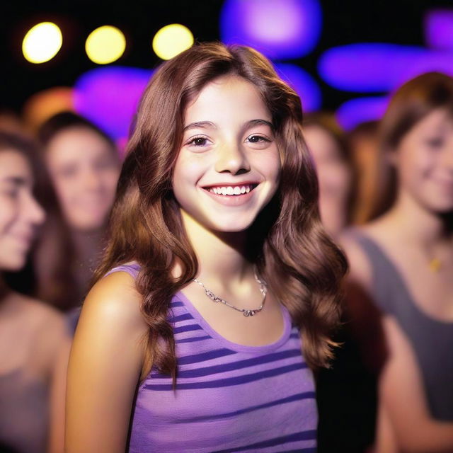 A high-quality photograph capturing a realistic 14-year-old girl, a famous singer, with shoulder-length brown hair highlighted by a purple stripe