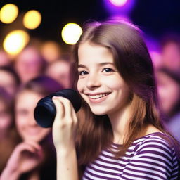 A high-quality photograph capturing a realistic 14-year-old girl, a famous singer, with shoulder-length brown hair highlighted by a purple stripe