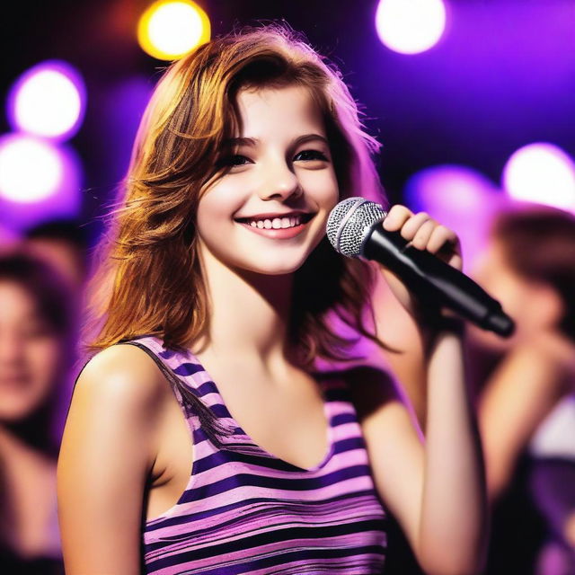 A lifelike, high-resolution photo of a 14-year-old famous singer with shoulder-length brown hair featuring a purple stripe