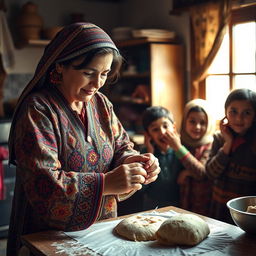A woman in traditional Afghani dress, with intricate patterns and vibrant colors, preparing Afghani bread in a cozy kitchen