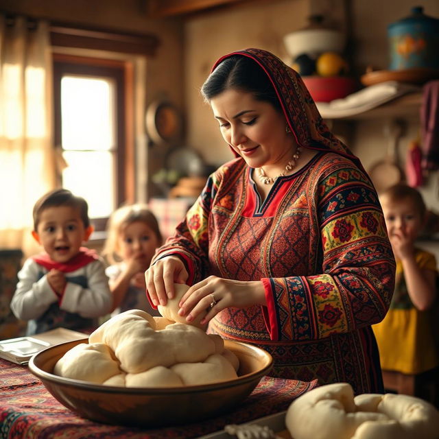 A woman in traditional Afghani dress, with intricate patterns and vibrant colors, preparing Afghani bread in a cozy kitchen