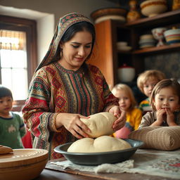 A woman in traditional Afghani dress, with intricate patterns and vibrant colors, preparing Afghani bread in a cozy kitchen