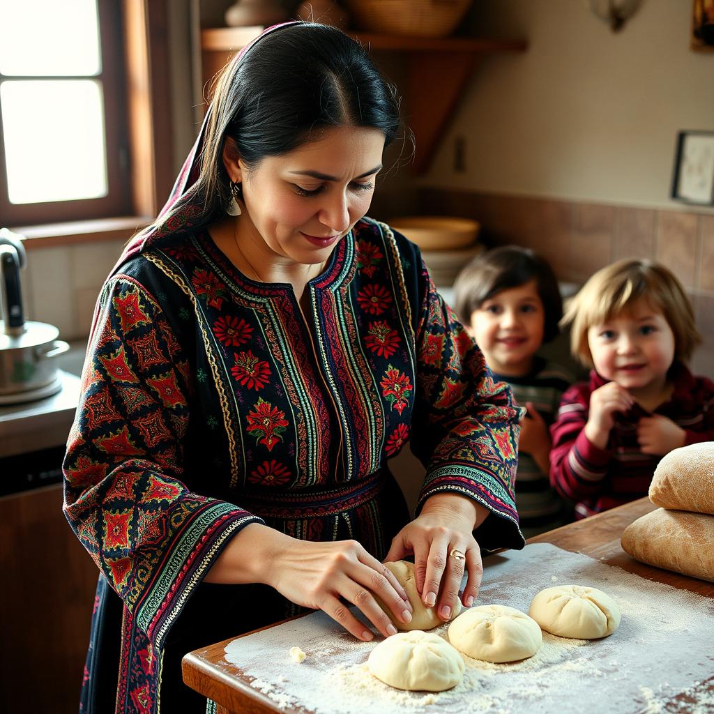 A woman in traditional Afghani dress, with intricate patterns and vibrant colors, preparing Afghani bread in a cozy kitchen