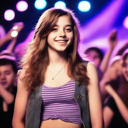 A lifelike, high-resolution photo of a 14-year-old famous singer with shoulder-length brown hair featuring a purple stripe