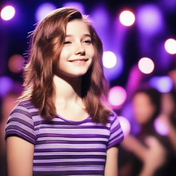 A lifelike, high-resolution photo of a 14-year-old famous singer with shoulder-length brown hair featuring a purple stripe