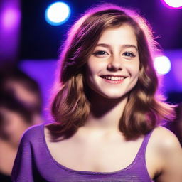 A lifelike, high-resolution photo of a 14-year-old famous singer with shoulder-length brown hair featuring a purple stripe