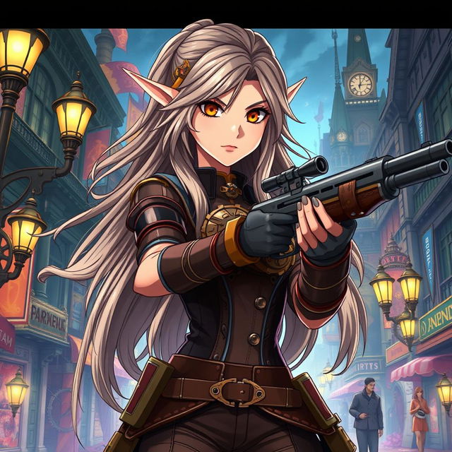 A half-high elf woman with striking features and expressive eyes, wielding a stylish firearm in her hand