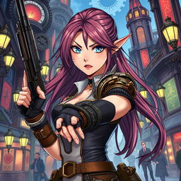 A half-high elf woman with striking features and expressive eyes, wielding a stylish firearm in her hand