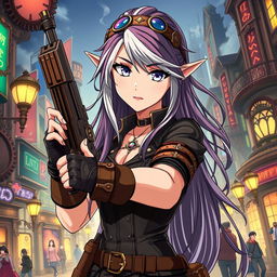 A half-high elf woman with striking features and expressive eyes, wielding a stylish firearm in her hand