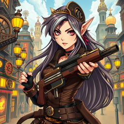 A half-high elf woman with striking features and expressive eyes, wielding a stylish firearm in her hand