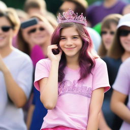 A high-quality, realistic photograph of a 14-year-old girl, known as Pink Viper, who is a celebrated singer