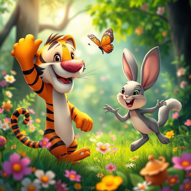 A vibrant and colorful scene featuring an animated tiger and a cheerful rabbit, both engaging in a playful interaction