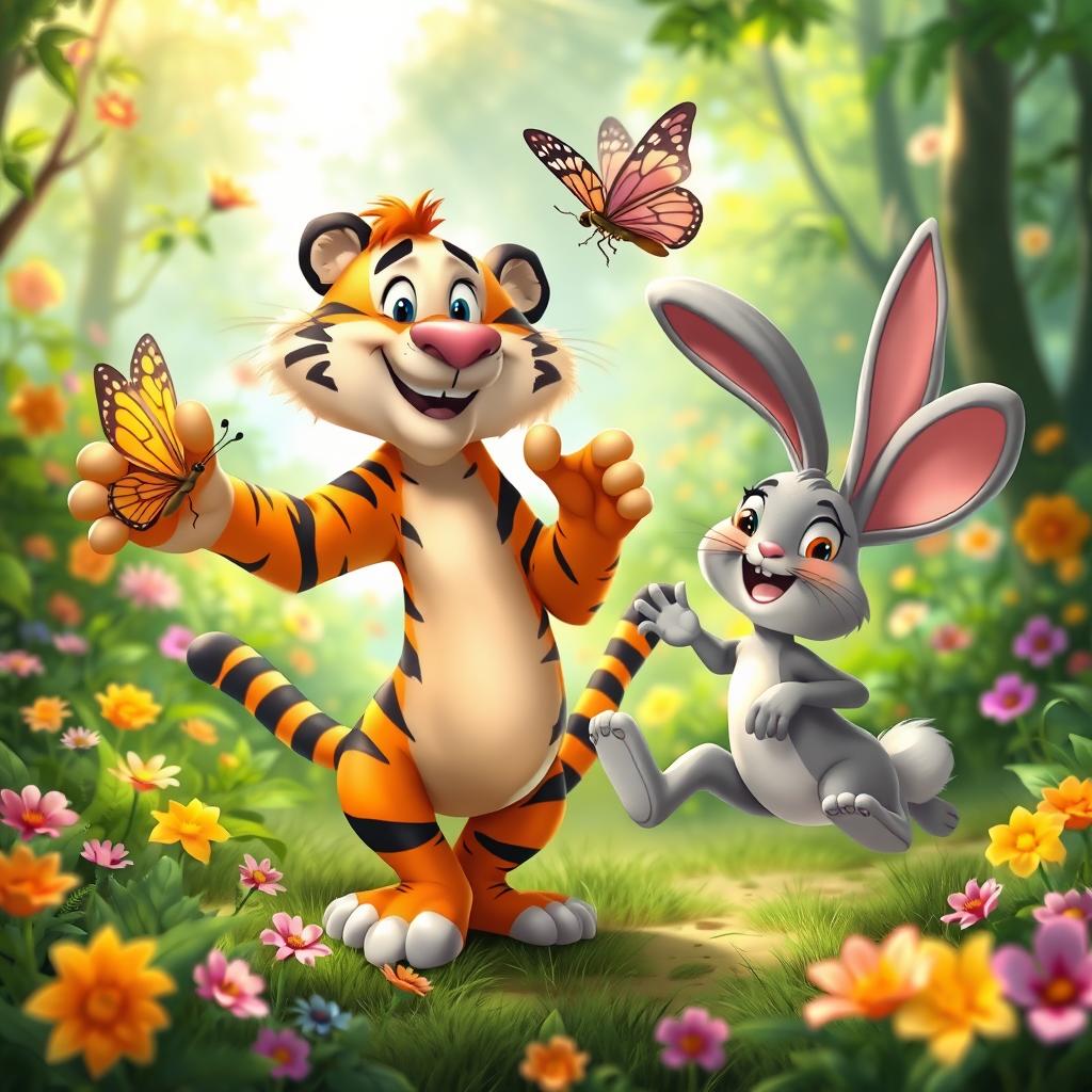 A vibrant and colorful scene featuring an animated tiger and a cheerful rabbit, both engaging in a playful interaction