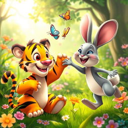 A vibrant and colorful scene featuring an animated tiger and a cheerful rabbit, both engaging in a playful interaction