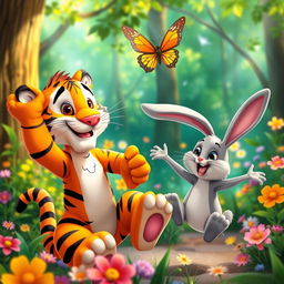A vibrant and colorful scene featuring an animated tiger and a cheerful rabbit, both engaging in a playful interaction