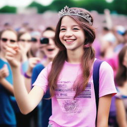 A high-quality, realistic photograph of a 14-year-old girl, known as Pink Viper, who is a celebrated singer