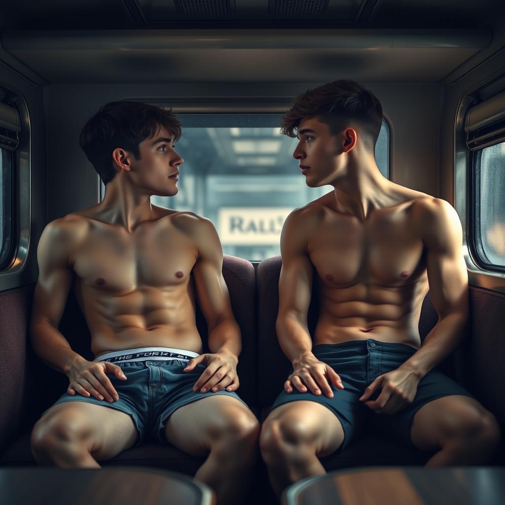 Two young men, both around 19 years old, sitting opposite each other in a cozy train compartment