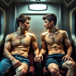 Two young men, both around 19 years old, sitting opposite each other in a cozy train compartment