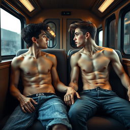 Two young men, both around 19 years old, sitting opposite each other in a cozy train compartment