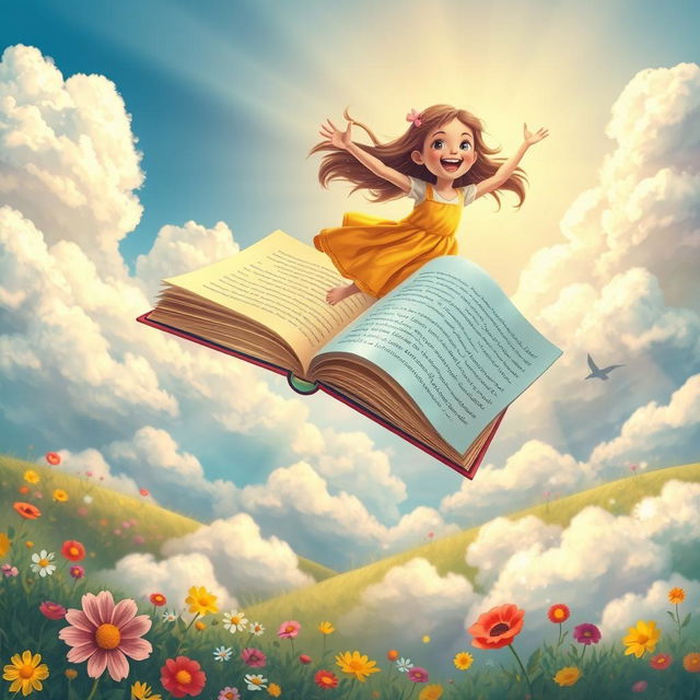 A whimsical scene of a girl joyfully flying on an oversized book, soaring above a vibrant landscape filled with colorful flowers and fluffy clouds