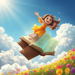 A whimsical scene of a girl joyfully flying on an oversized book, soaring above a vibrant landscape filled with colorful flowers and fluffy clouds