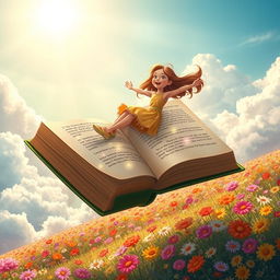 A whimsical scene of a girl joyfully flying on an oversized book, soaring above a vibrant landscape filled with colorful flowers and fluffy clouds