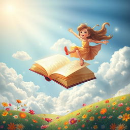 A whimsical scene of a girl joyfully flying on an oversized book, soaring above a vibrant landscape filled with colorful flowers and fluffy clouds