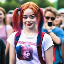 A realistic, high-quality photograph of a 14-year-old girl, resembling Emma Stone, who is a famous singer known as Pink Viper