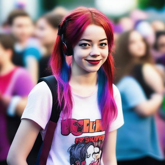 A realistic, high-quality photograph of a 14-year-old girl, resembling Emma Stone, who is a famous singer known as Pink Viper