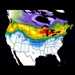 A detailed weather map of the eastern half of the United States of America