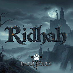 A stylized representation of the name 'Ridhah' intricately designed with a dark and mystical aesthetic inspired by Dark Souls 1