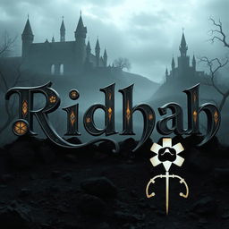 A stylized representation of the name 'Ridhah' intricately designed with a dark and mystical aesthetic inspired by Dark Souls 1