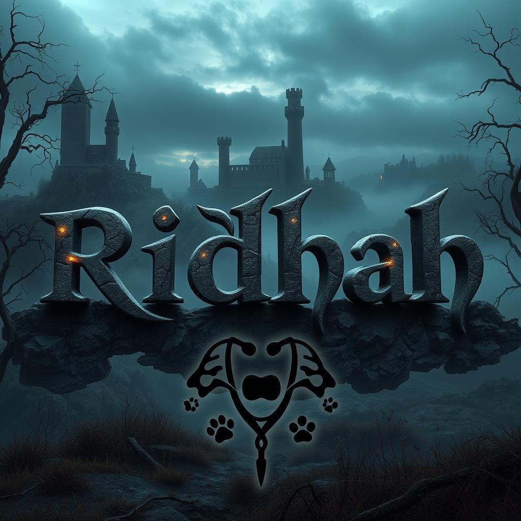 A stylized representation of the name 'Ridhah' intricately designed with a dark and mystical aesthetic inspired by Dark Souls 1