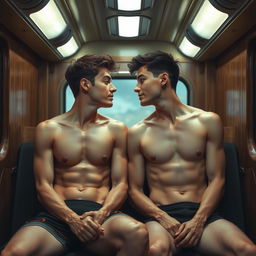 Two young men, about 19 years old with clean-shaven faces, sitting opposite each other in a train compartment, gazing longingly at each other