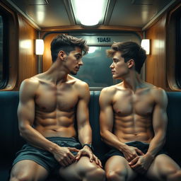 Two young men, about 19 years old with clean-shaven faces, sitting opposite each other in a train compartment, gazing longingly at each other