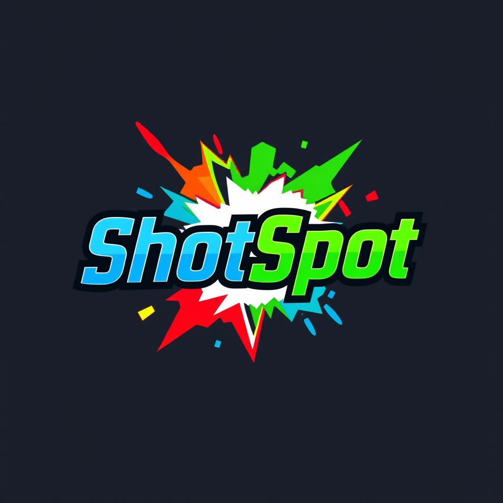 A logo design for a YouTube channel named 'ShotSpot', featuring vibrant colors such as bright blue, energetic red, and lively green