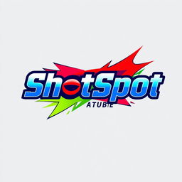 A logo design for a YouTube channel named 'ShotSpot', featuring vibrant colors such as bright blue, energetic red, and lively green