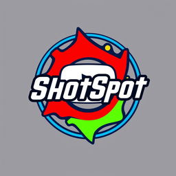 A logo design for a YouTube channel named 'ShotSpot', featuring vibrant colors such as bright blue, energetic red, and lively green