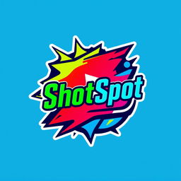 A logo design for a YouTube channel named 'ShotSpot', featuring vibrant colors such as bright blue, energetic red, and lively green