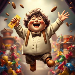 A realistic depiction of Augustus Gloop from 'Charlie and the Chocolate Factory', a plump young boy with curly brown hair, joyfully winning the golden ticket