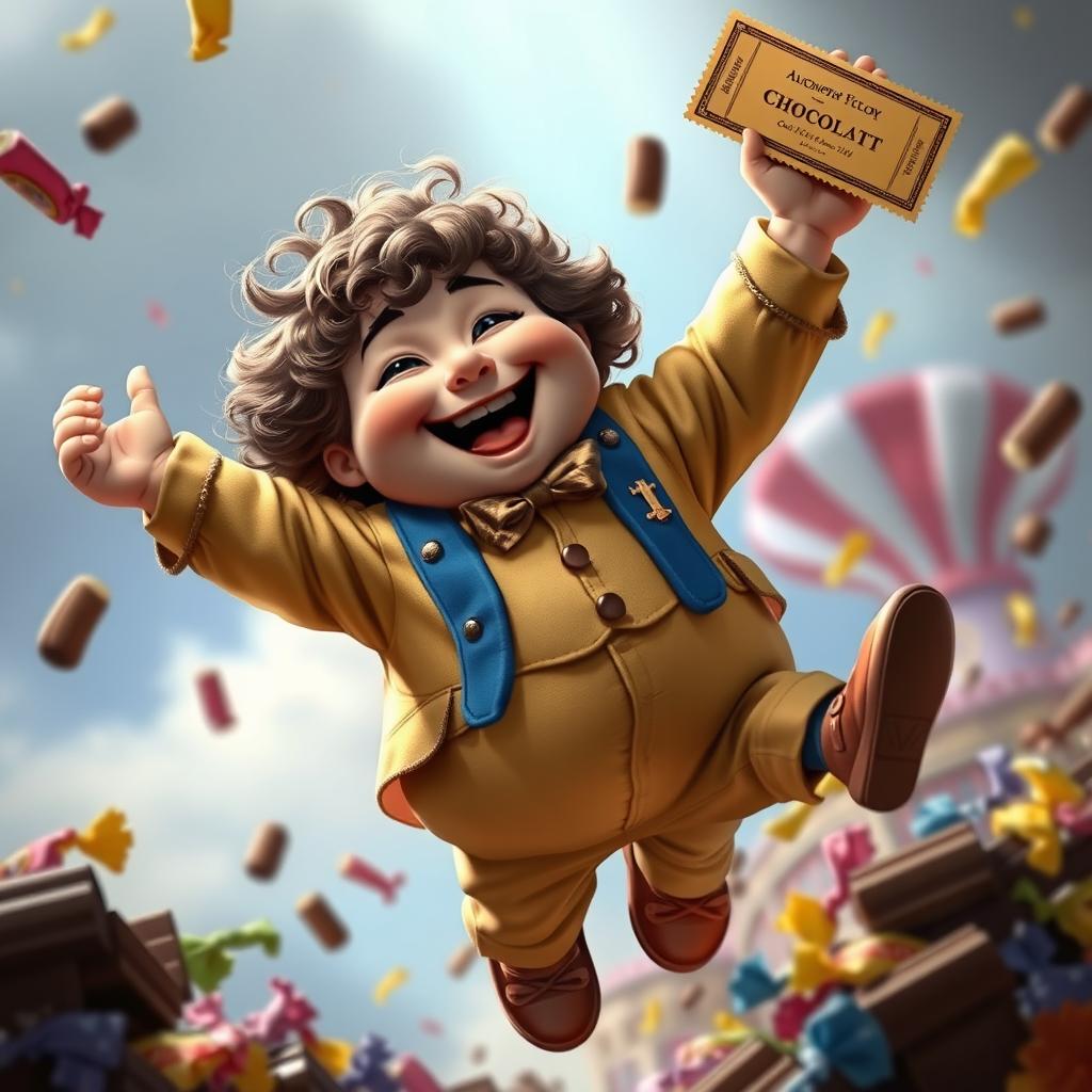 A realistic depiction of Augustus Gloop from 'Charlie and the Chocolate Factory', a plump young boy with curly brown hair, joyfully winning the golden ticket