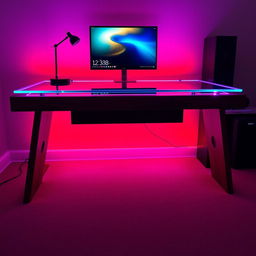 A stylish brown wooden computer table featuring a sleek glass top, with vibrant RGB LED lights shining beautifully from underneath the glass