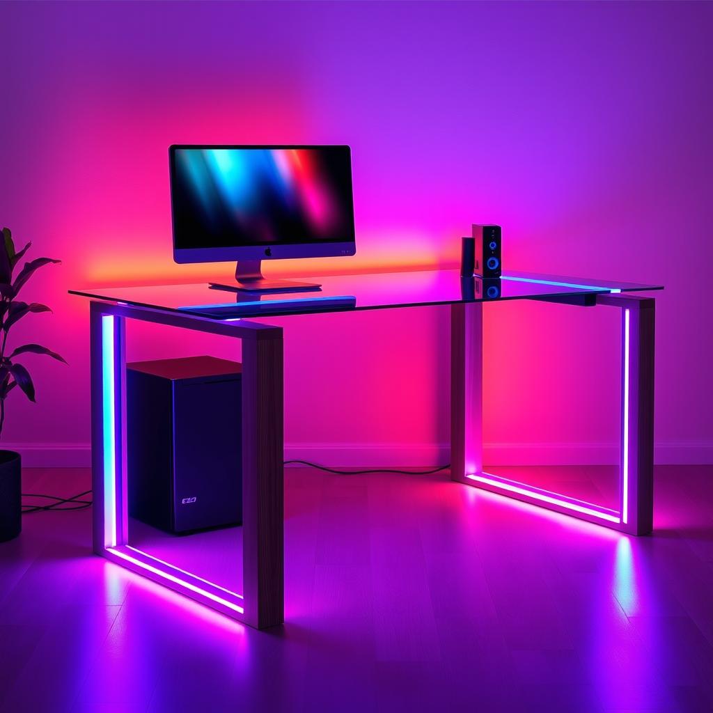 A stylish brown wooden computer table featuring a sleek glass top, with vibrant RGB LED lights shining beautifully from underneath the glass