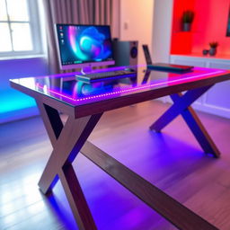 A stylish brown wooden computer table featuring a sleek glass top, with vibrant RGB LED lights shining beautifully from underneath the glass