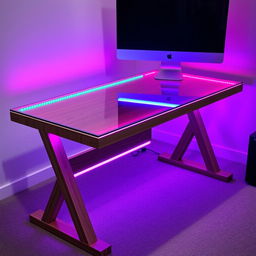 A stylish brown wooden computer table featuring a sleek glass top, with vibrant RGB LED lights shining beautifully from underneath the glass